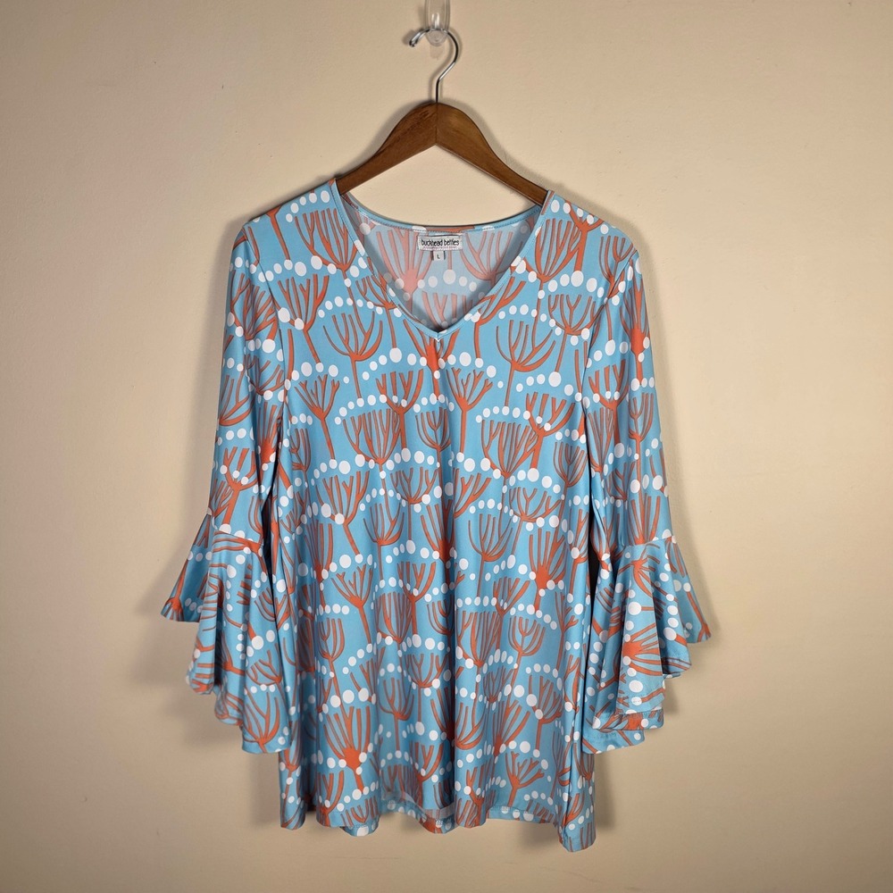 Buckhead Betties‎ Tunic Top Women L Blue Orange Floral Bell Sleeve V-Neck